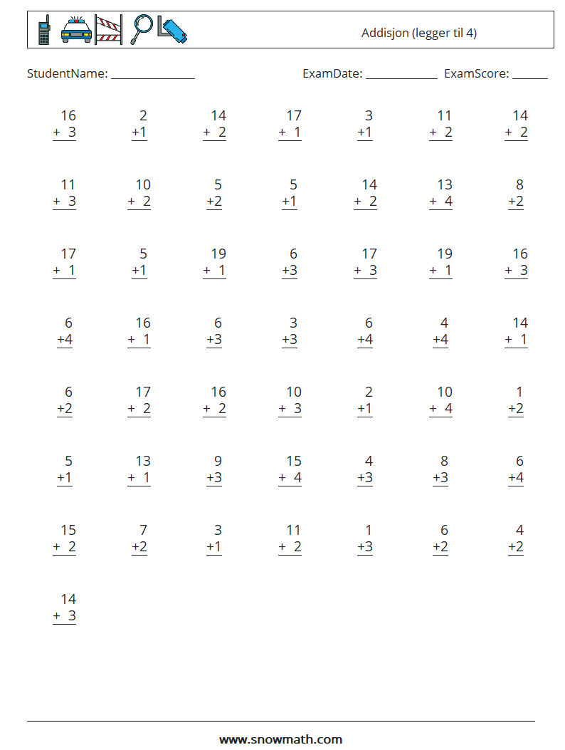 (50) Addisjon (legger til 4) MathWorksheets 3