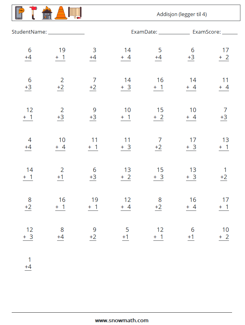 (50) Addisjon (legger til 4) MathWorksheets 4