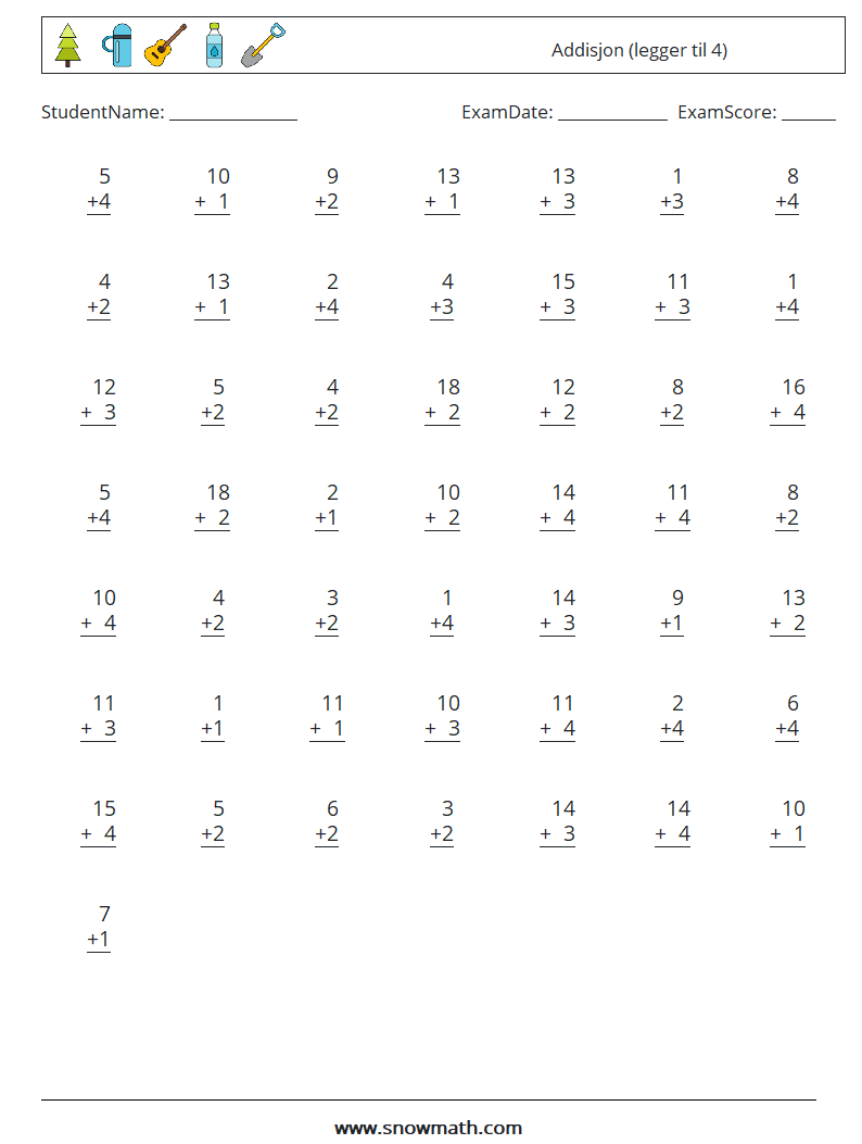 (50) Addisjon (legger til 4) MathWorksheets 9