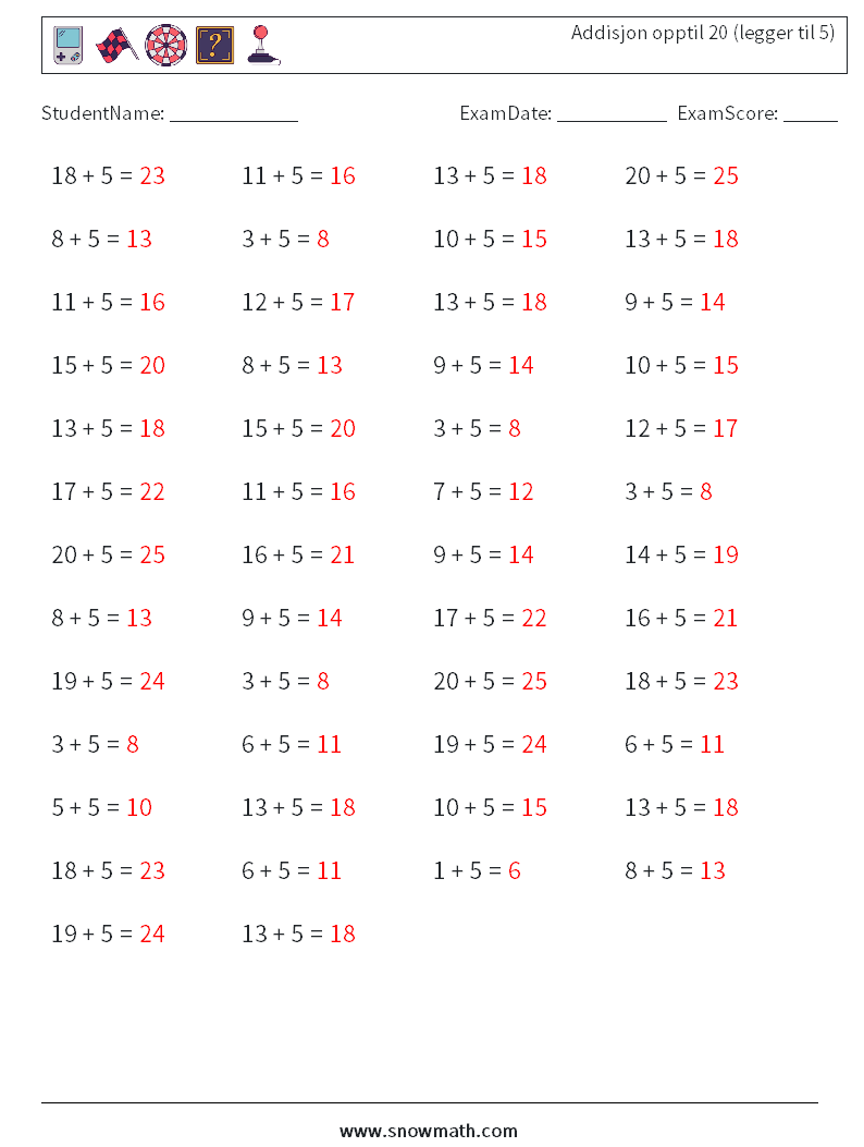 (50) Addisjon opptil 20 (legger til 5) MathWorksheets 1 QuestionAnswer