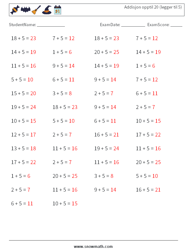 (50) Addisjon opptil 20 (legger til 5) MathWorksheets 7 QuestionAnswer