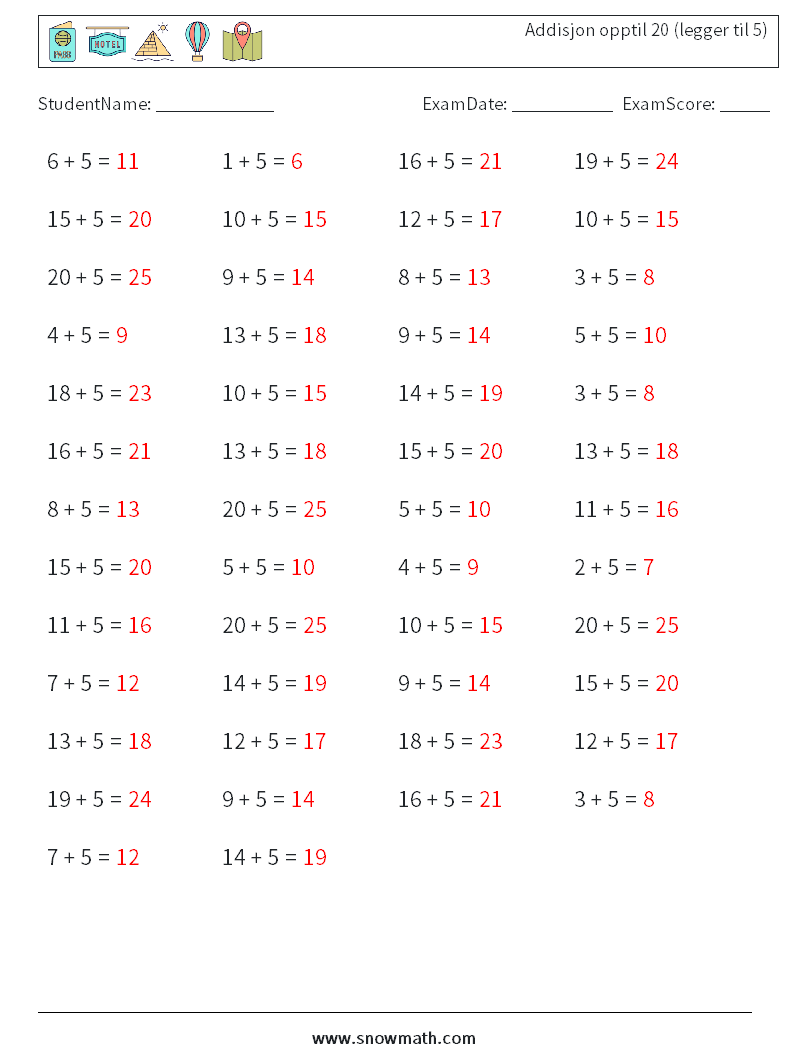 (50) Addisjon opptil 20 (legger til 5) MathWorksheets 8 QuestionAnswer