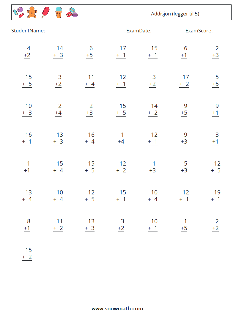 (50) Addisjon (legger til 5) MathWorksheets 10