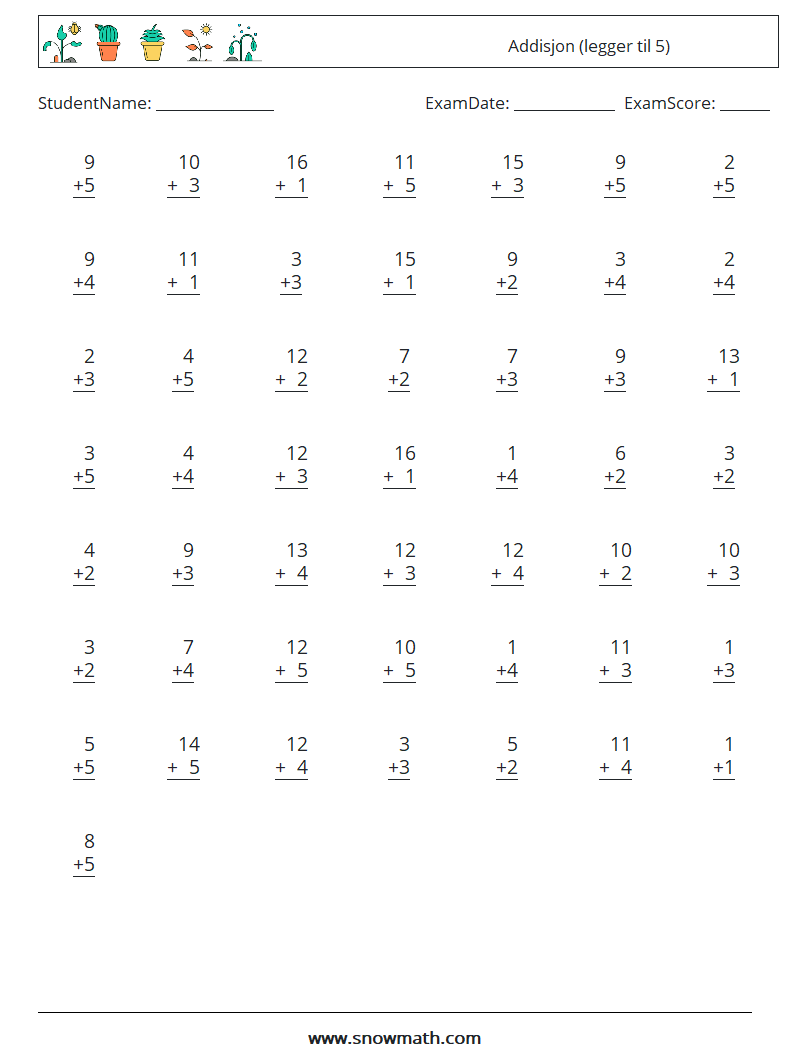 (50) Addisjon (legger til 5) MathWorksheets 13