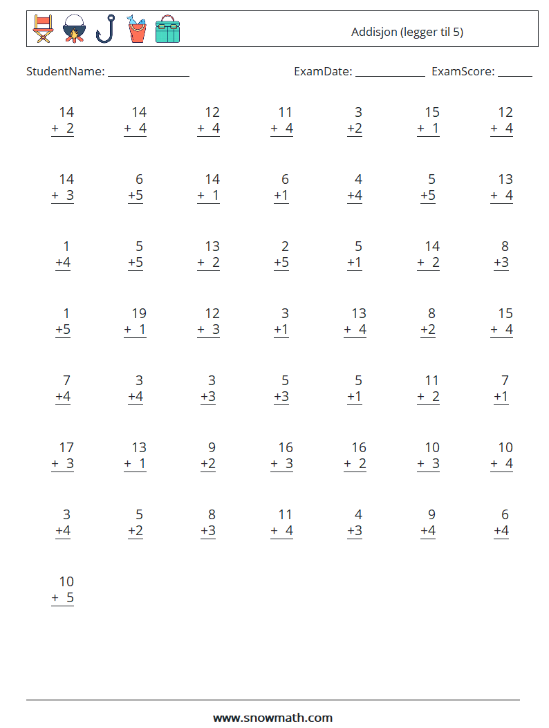 (50) Addisjon (legger til 5) MathWorksheets 15