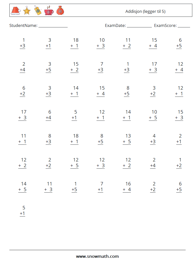 (50) Addisjon (legger til 5) MathWorksheets 17