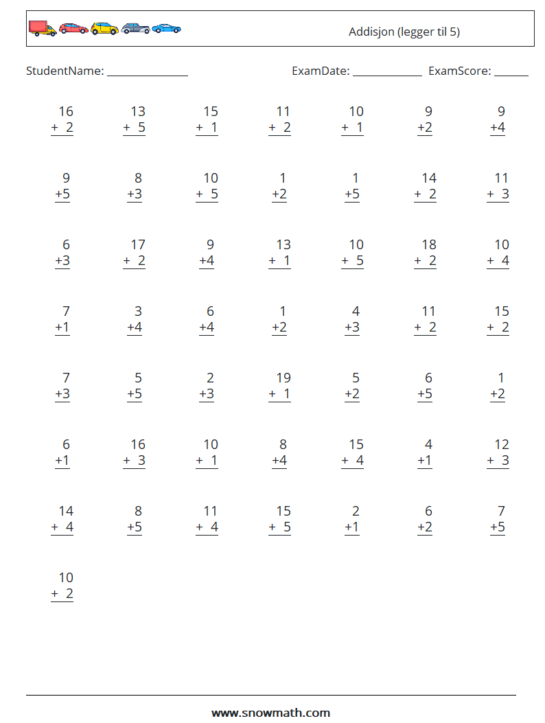 (50) Addisjon (legger til 5) MathWorksheets 18