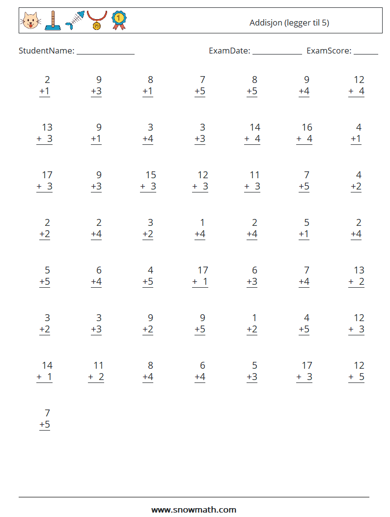 (50) Addisjon (legger til 5) MathWorksheets 5
