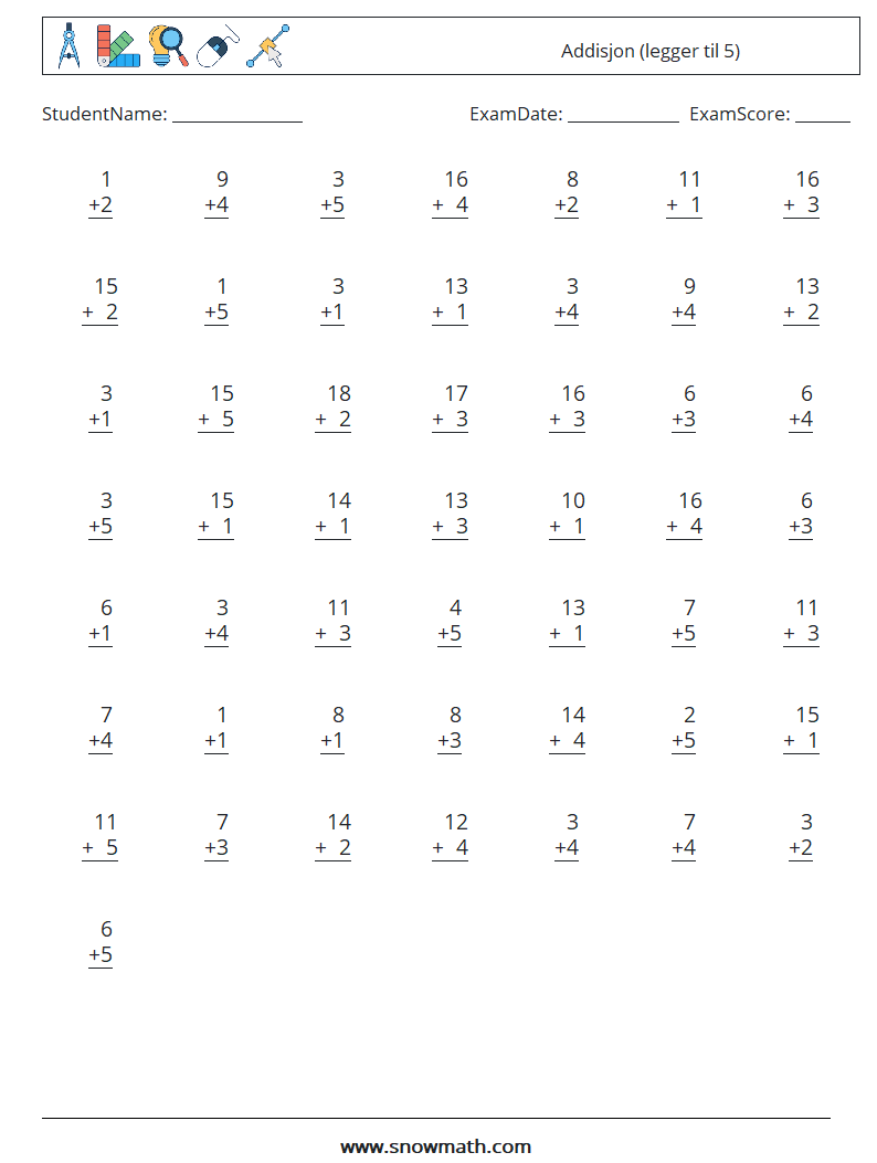 (50) Addisjon (legger til 5) MathWorksheets 6