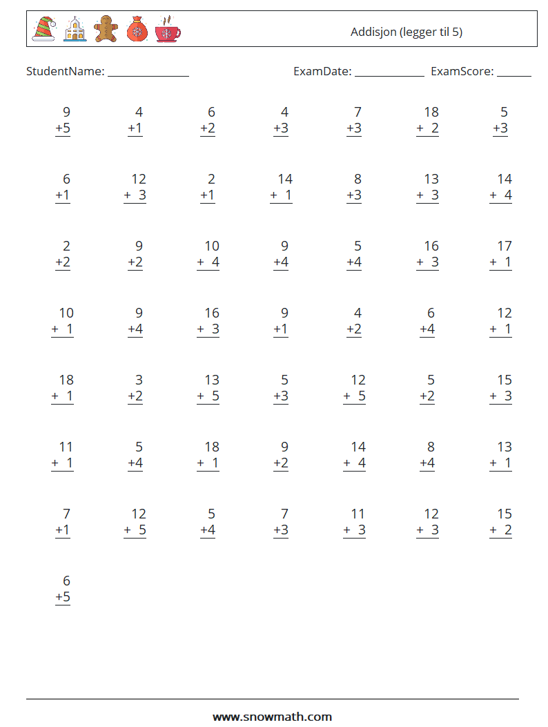 (50) Addisjon (legger til 5) MathWorksheets 7