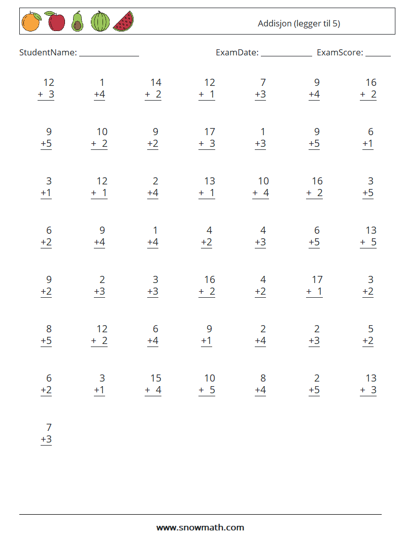 (50) Addisjon (legger til 5) MathWorksheets 8