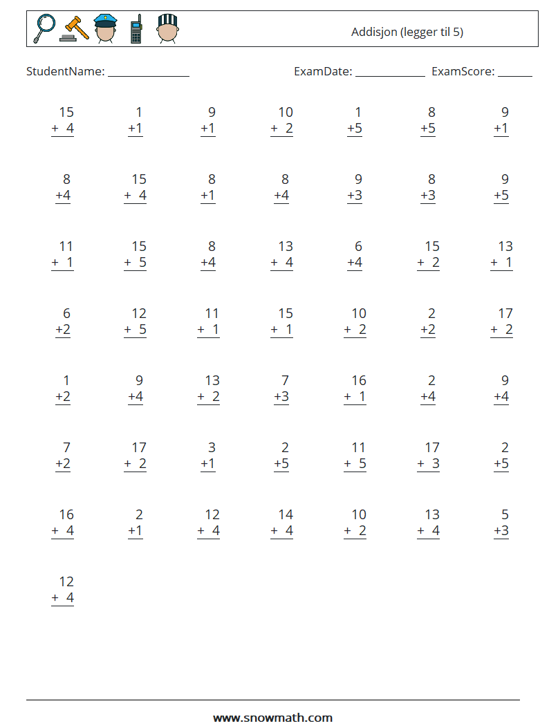 (50) Addisjon (legger til 5) MathWorksheets 9