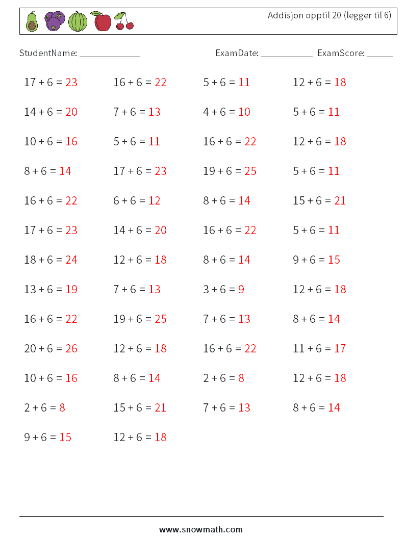 (50) Addisjon opptil 20 (legger til 6) MathWorksheets 1 QuestionAnswer