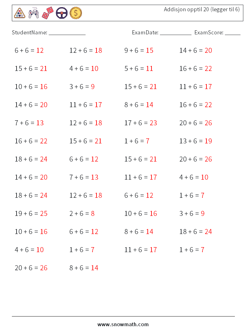 (50) Addisjon opptil 20 (legger til 6) MathWorksheets 2 QuestionAnswer