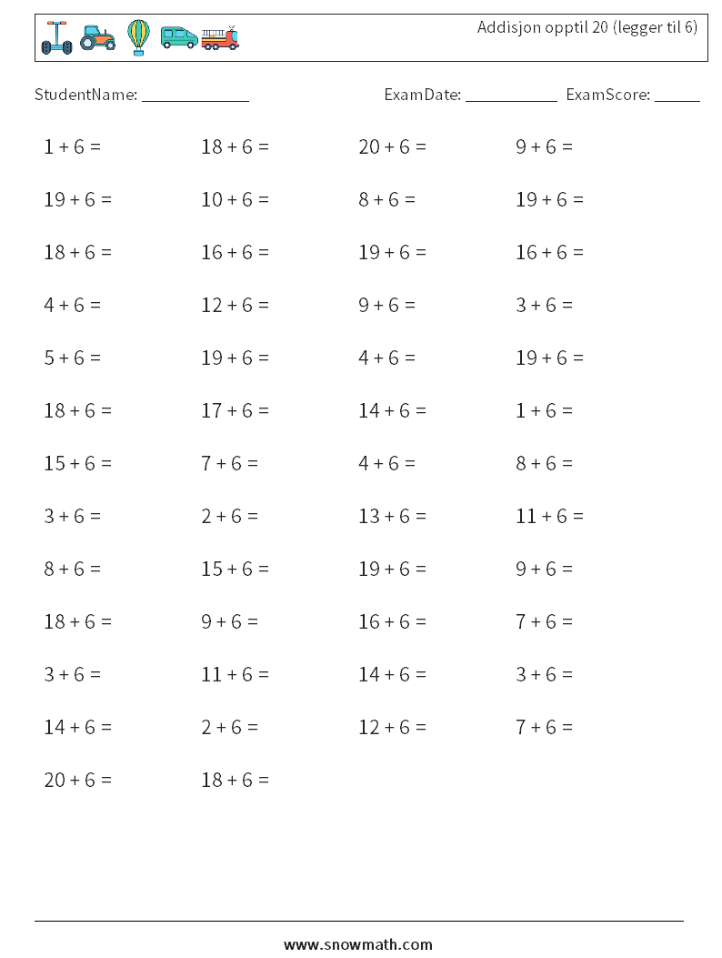 (50) Addisjon opptil 20 (legger til 6) MathWorksheets 3