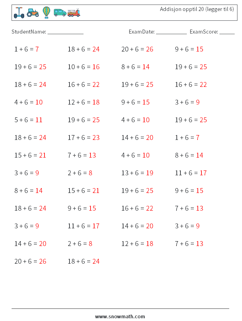 (50) Addisjon opptil 20 (legger til 6) MathWorksheets 3 QuestionAnswer