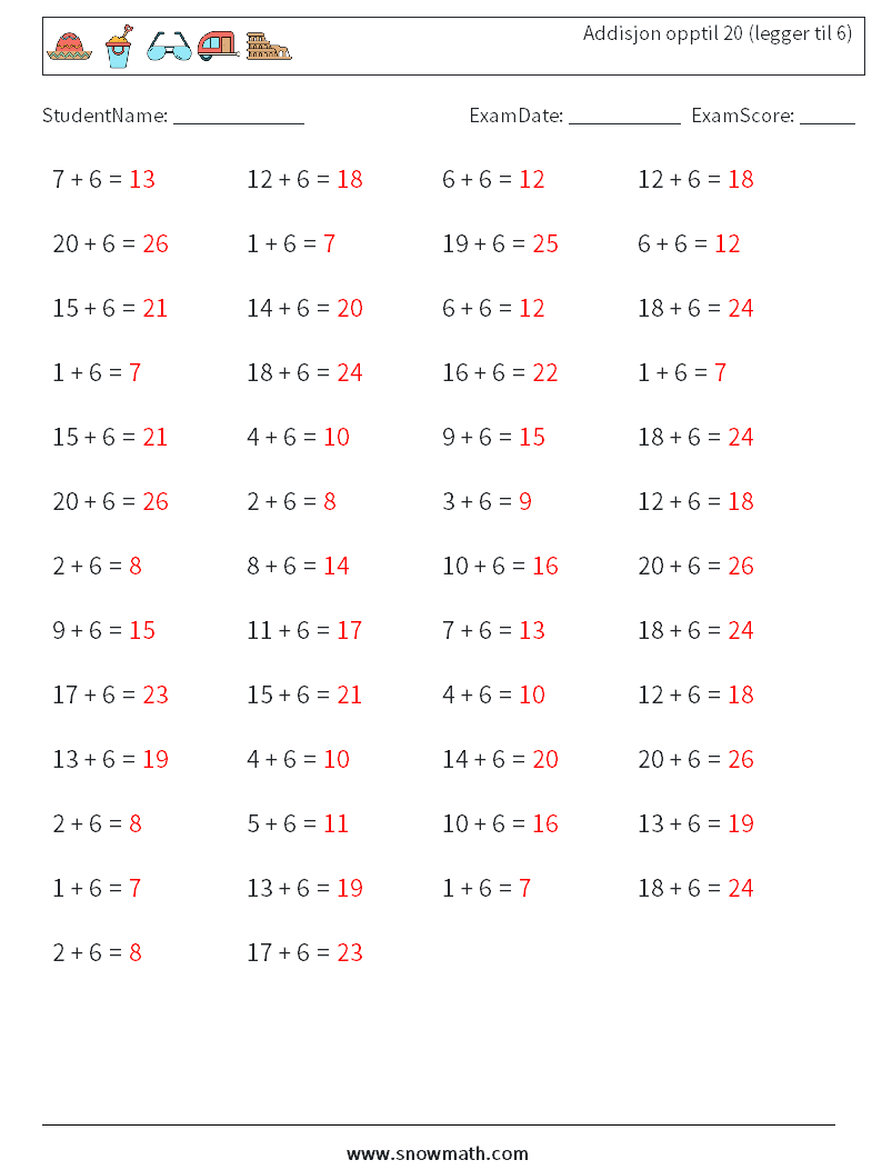 (50) Addisjon opptil 20 (legger til 6) MathWorksheets 4 QuestionAnswer