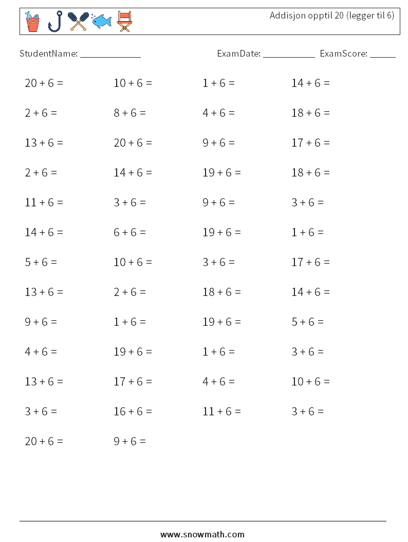 (50) Addisjon opptil 20 (legger til 6) MathWorksheets 5