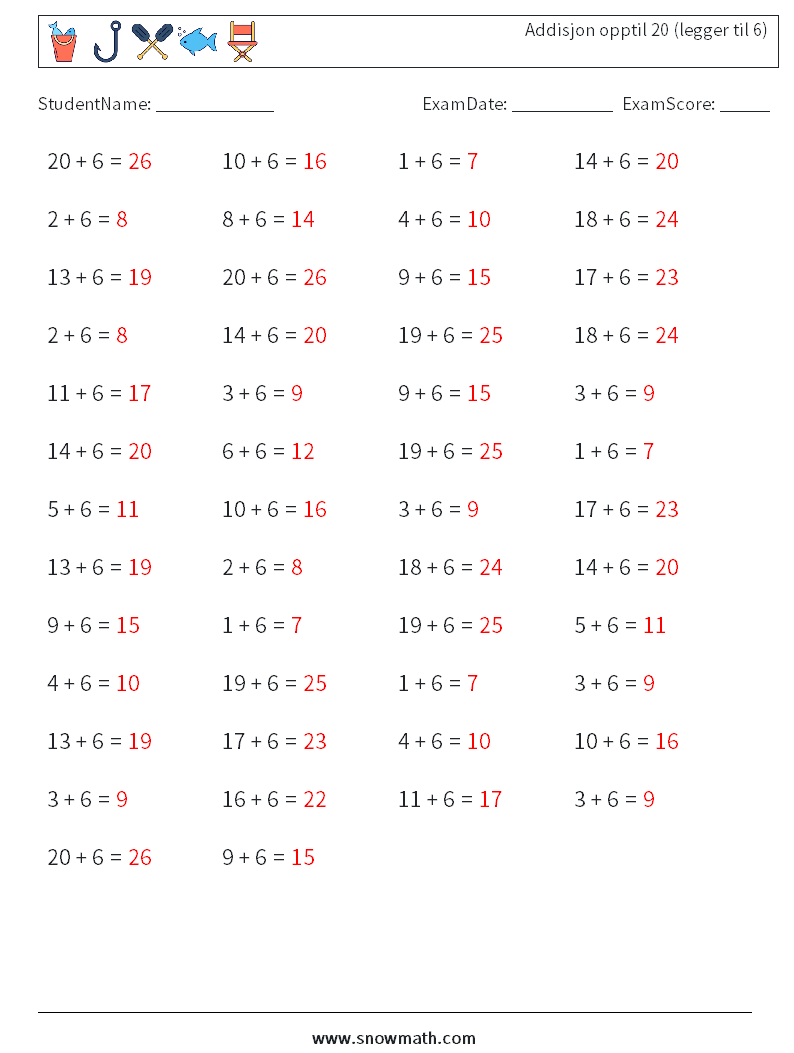 (50) Addisjon opptil 20 (legger til 6) MathWorksheets 5 QuestionAnswer