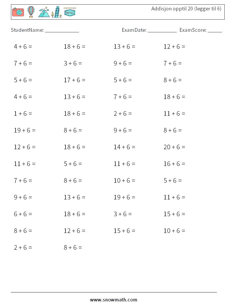 (50) Addisjon opptil 20 (legger til 6) MathWorksheets 6