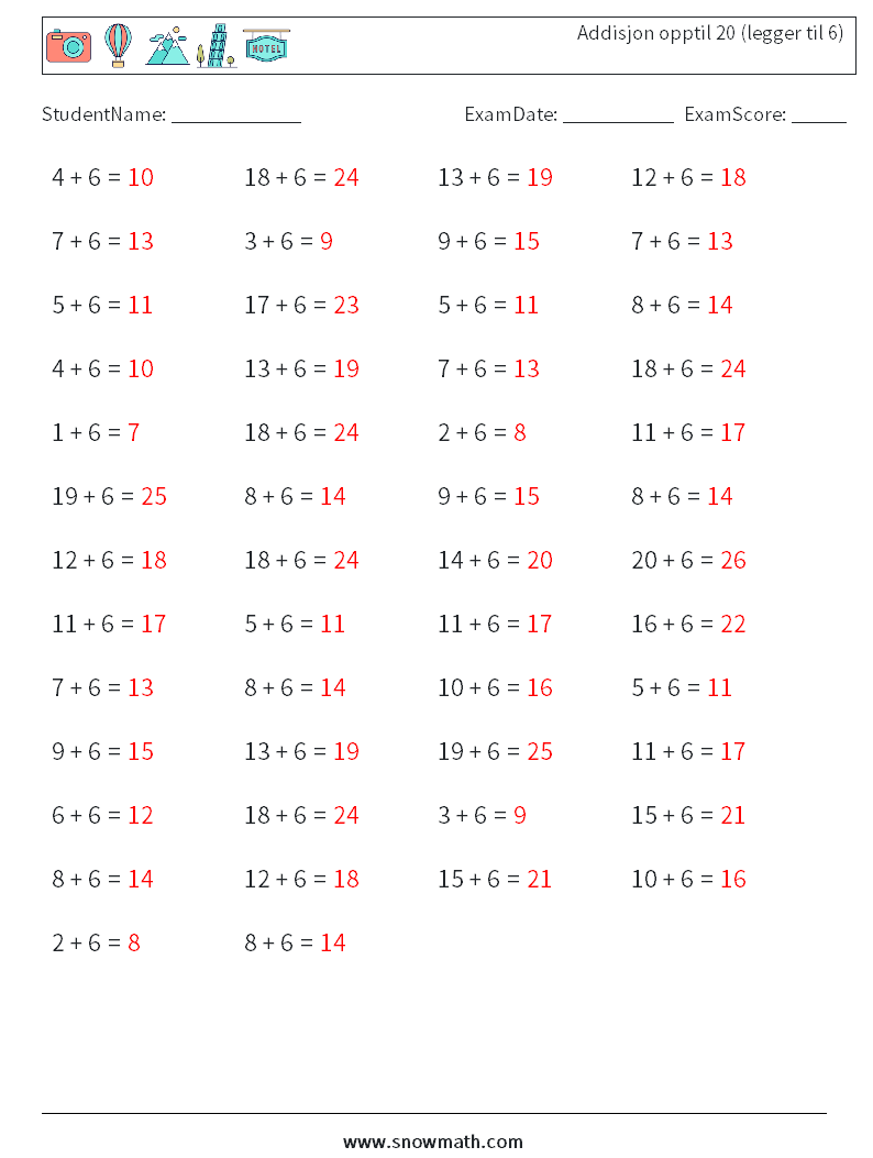 (50) Addisjon opptil 20 (legger til 6) MathWorksheets 6 QuestionAnswer