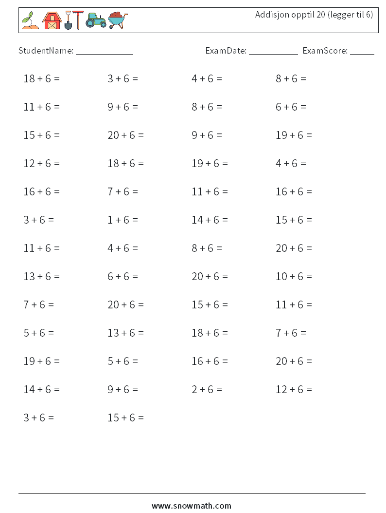 (50) Addisjon opptil 20 (legger til 6) MathWorksheets 7