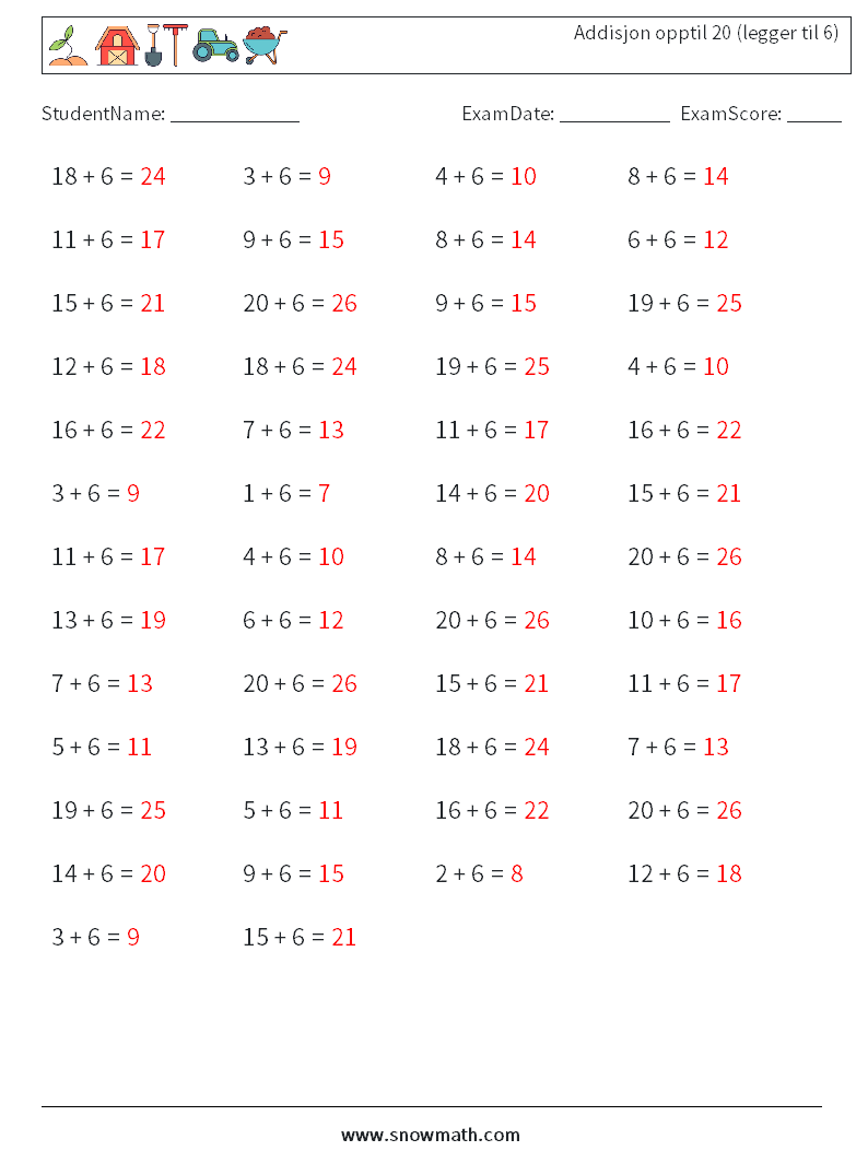(50) Addisjon opptil 20 (legger til 6) MathWorksheets 7 QuestionAnswer