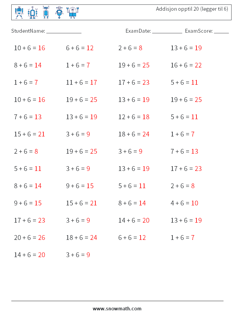 (50) Addisjon opptil 20 (legger til 6) MathWorksheets 8 QuestionAnswer