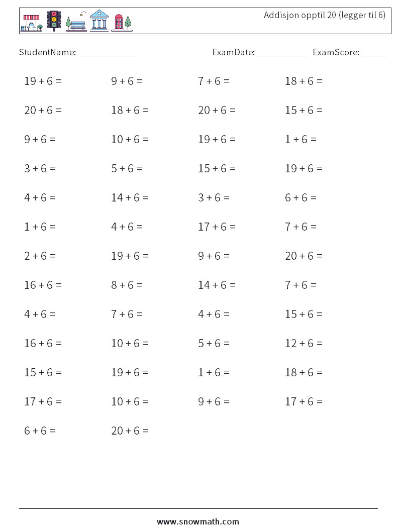(50) Addisjon opptil 20 (legger til 6) MathWorksheets 9