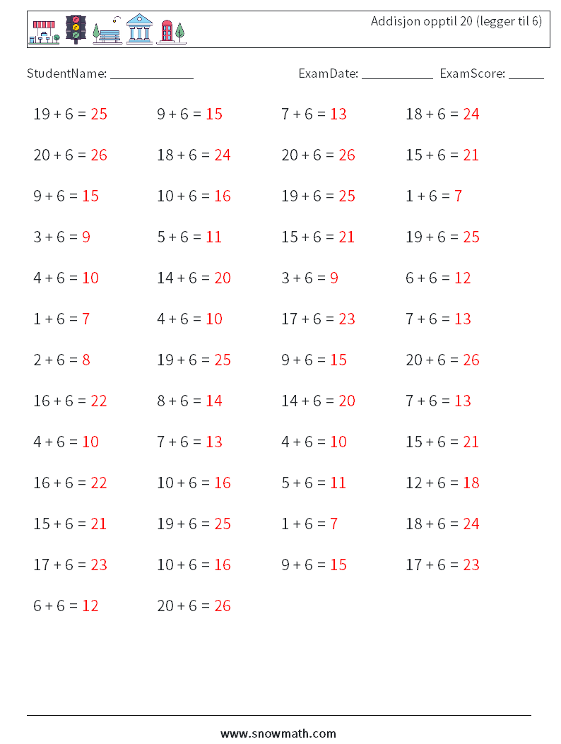 (50) Addisjon opptil 20 (legger til 6) MathWorksheets 9 QuestionAnswer