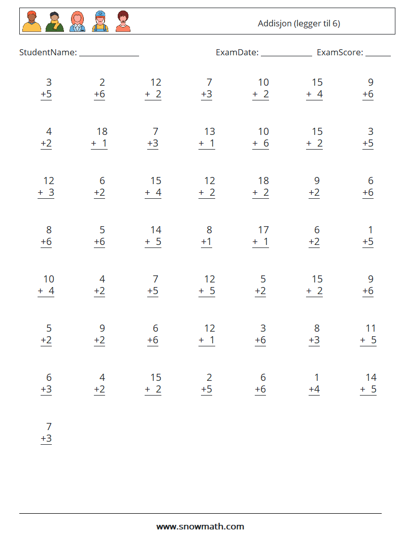 (50) Addisjon (legger til 6) MathWorksheets 10
