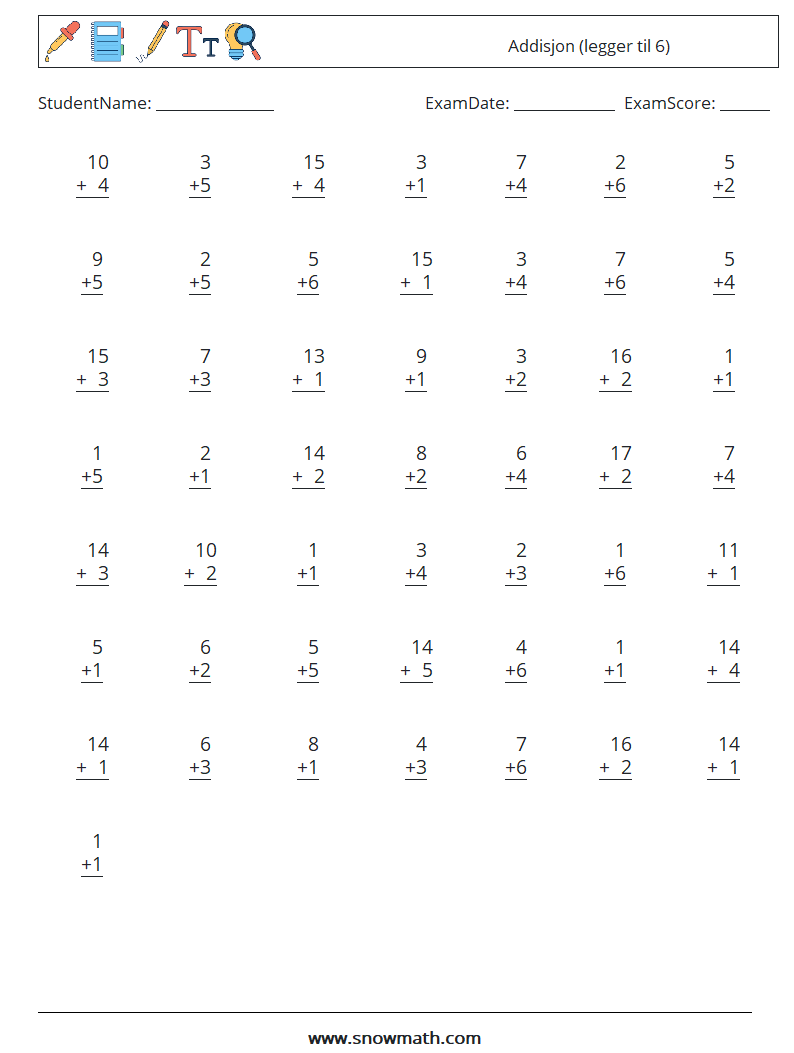(50) Addisjon (legger til 6) MathWorksheets 12