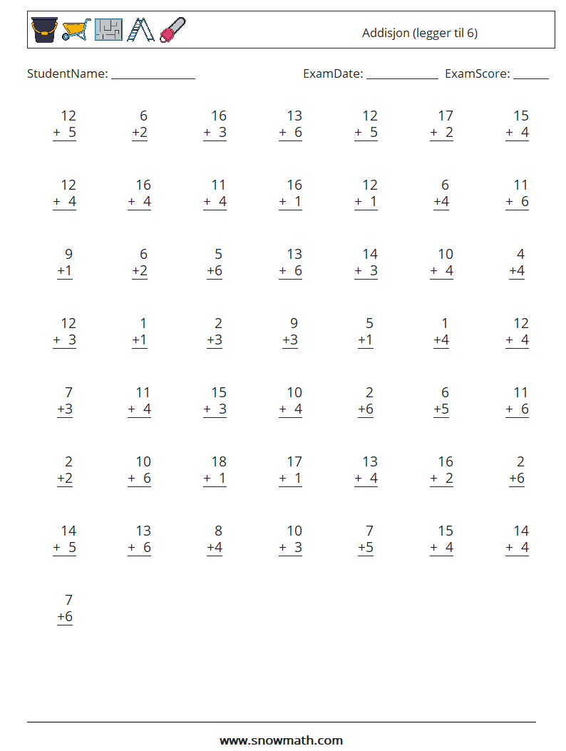 (50) Addisjon (legger til 6) MathWorksheets 13