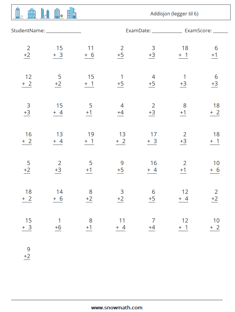 (50) Addisjon (legger til 6) MathWorksheets 16