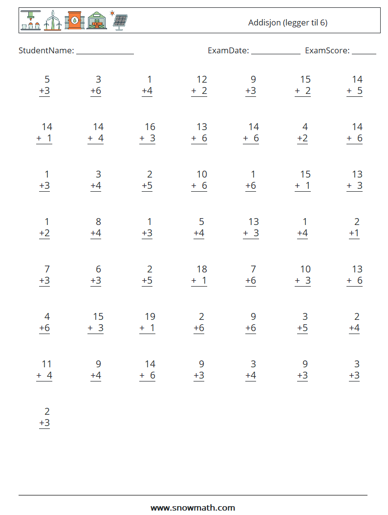 (50) Addisjon (legger til 6) MathWorksheets 18