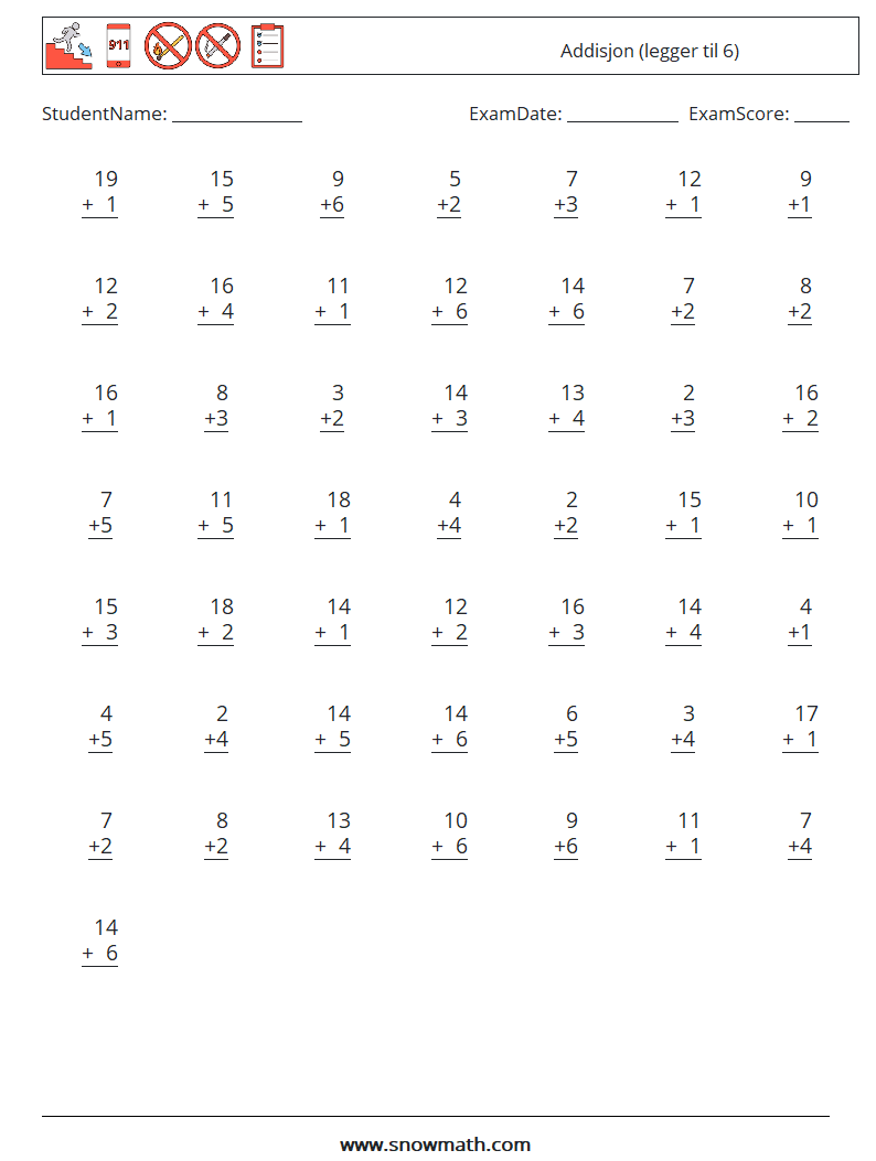 (50) Addisjon (legger til 6) MathWorksheets 2