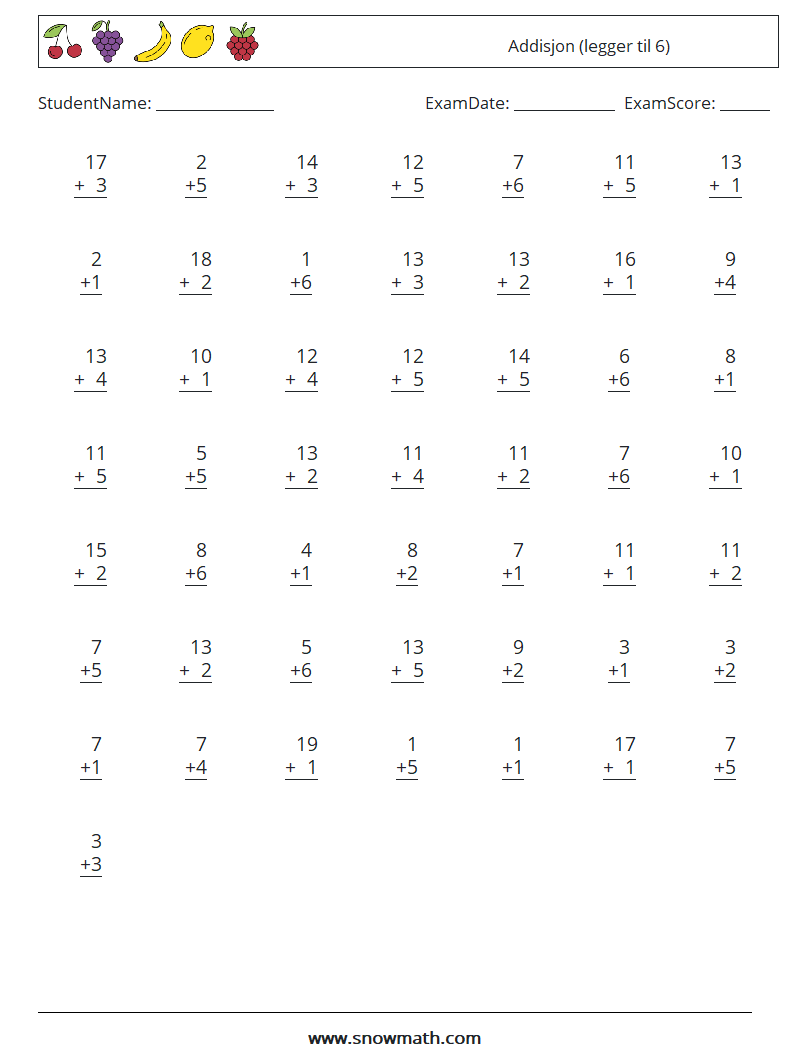 (50) Addisjon (legger til 6) MathWorksheets 3