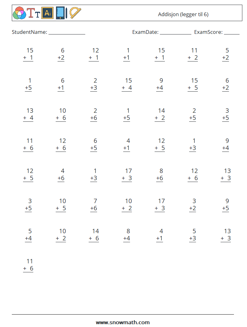 (50) Addisjon (legger til 6) MathWorksheets 6