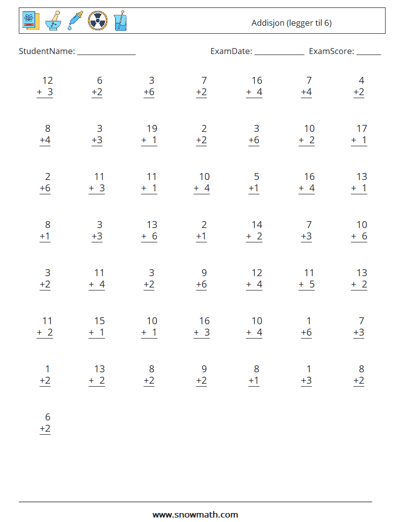 (50) Addisjon (legger til 6) MathWorksheets 7