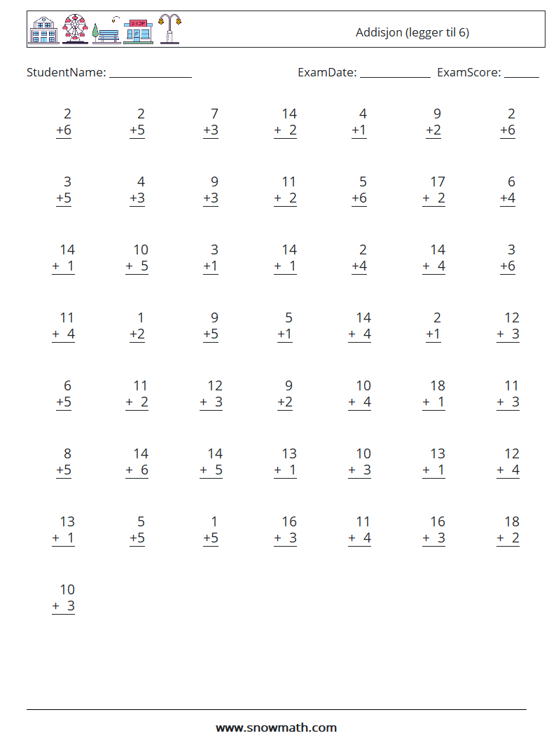 (50) Addisjon (legger til 6) MathWorksheets 8