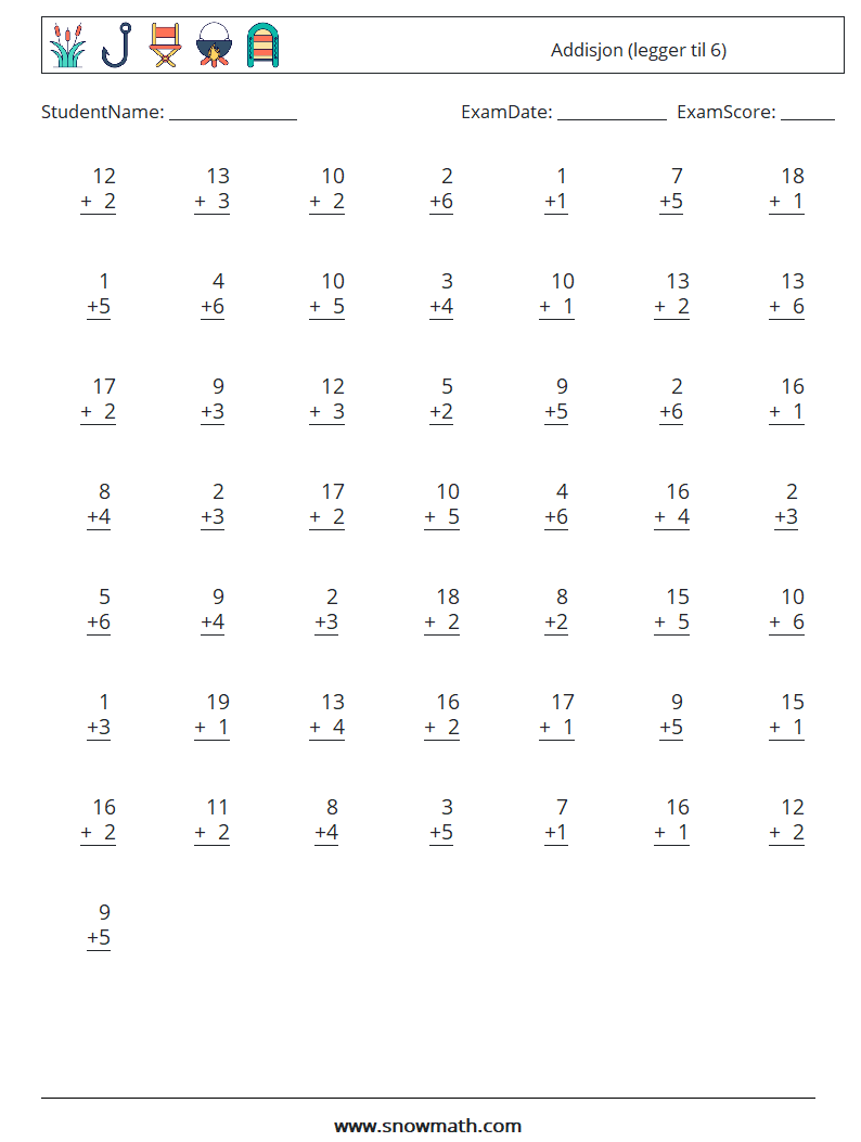 (50) Addisjon (legger til 6) MathWorksheets 9