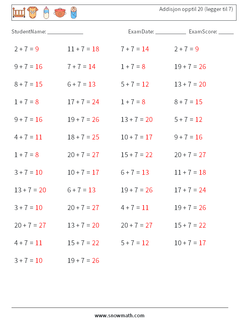 (50) Addisjon opptil 20 (legger til 7) MathWorksheets 3 QuestionAnswer