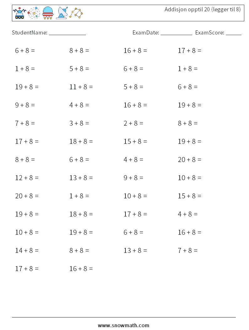 (50) Addisjon opptil 20 (legger til 8) MathWorksheets 8
