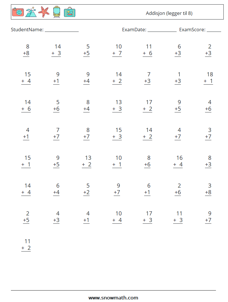(50) Addisjon (legger til 8) MathWorksheets 10