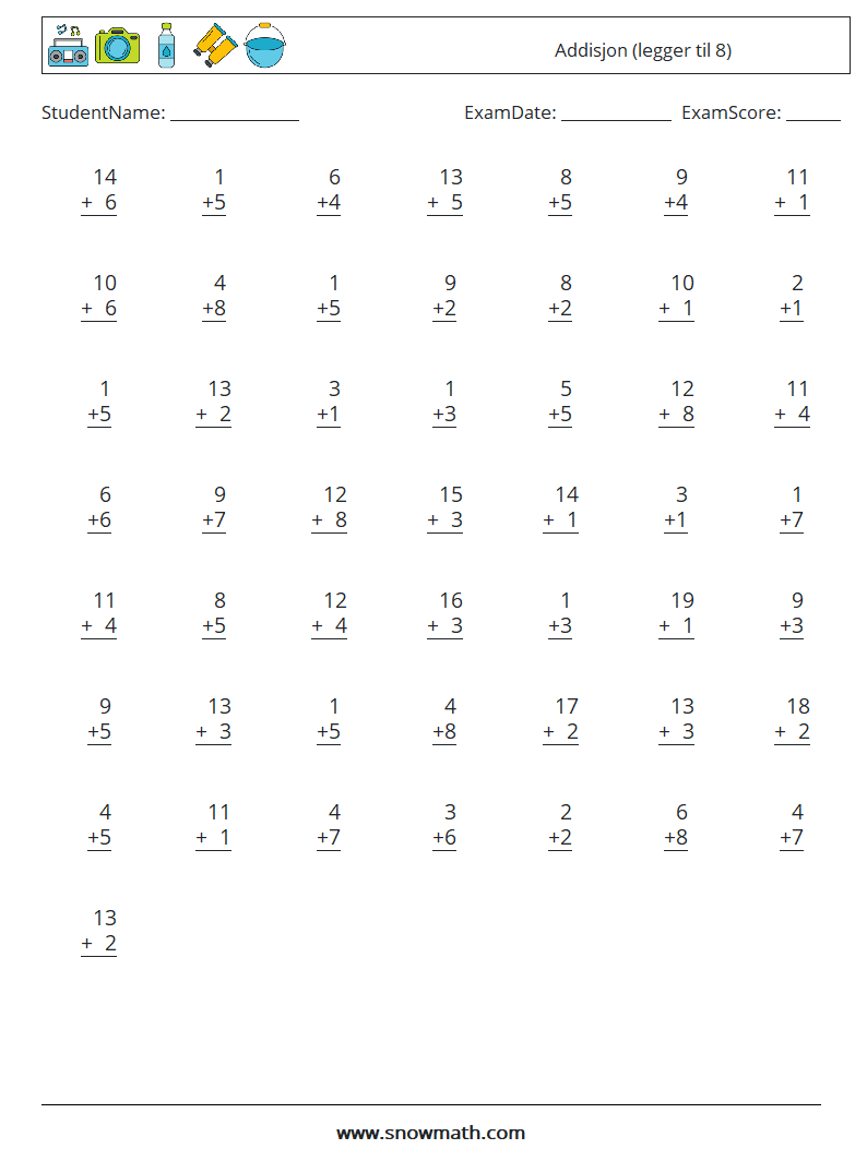 (50) Addisjon (legger til 8) MathWorksheets 12