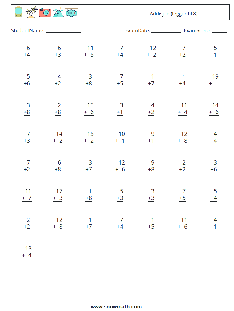 (50) Addisjon (legger til 8) MathWorksheets 13
