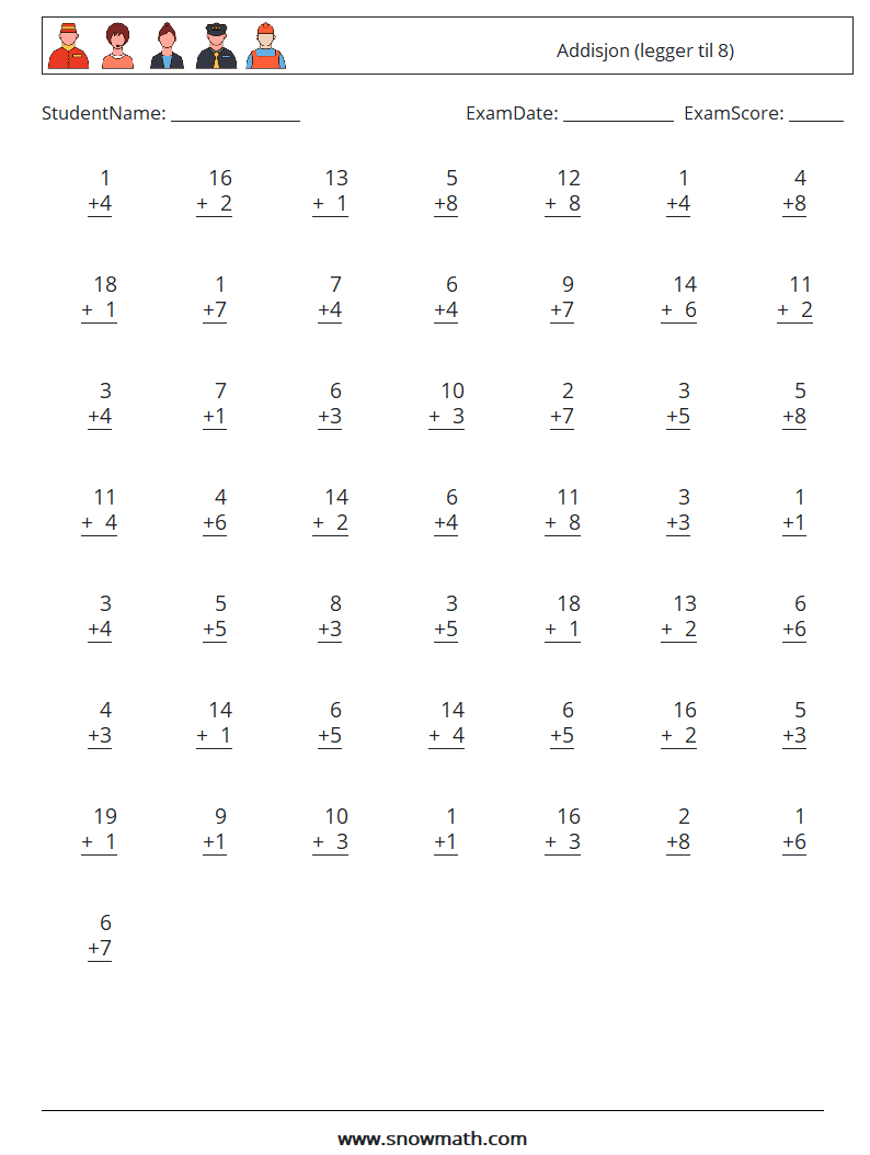 (50) Addisjon (legger til 8) MathWorksheets 15