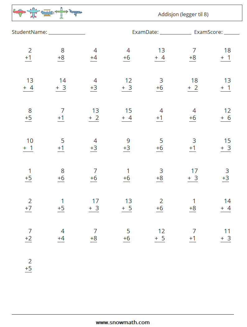 (50) Addisjon (legger til 8) MathWorksheets 16