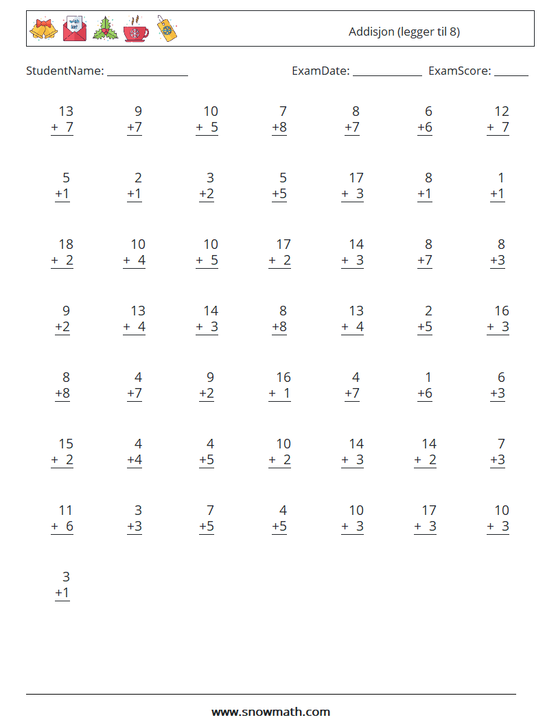 (50) Addisjon (legger til 8) MathWorksheets 18
