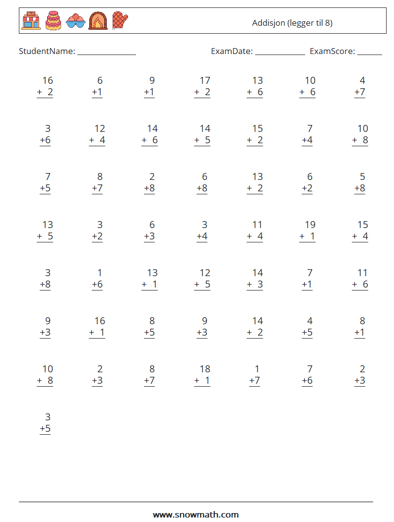 (50) Addisjon (legger til 8) MathWorksheets 3